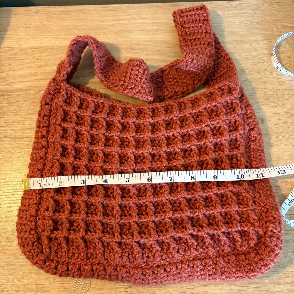 Handmade Crochet Shoulder Bag Rust Orange Waffle Stitch Boho Hobo Tote - Picture 3 of 5